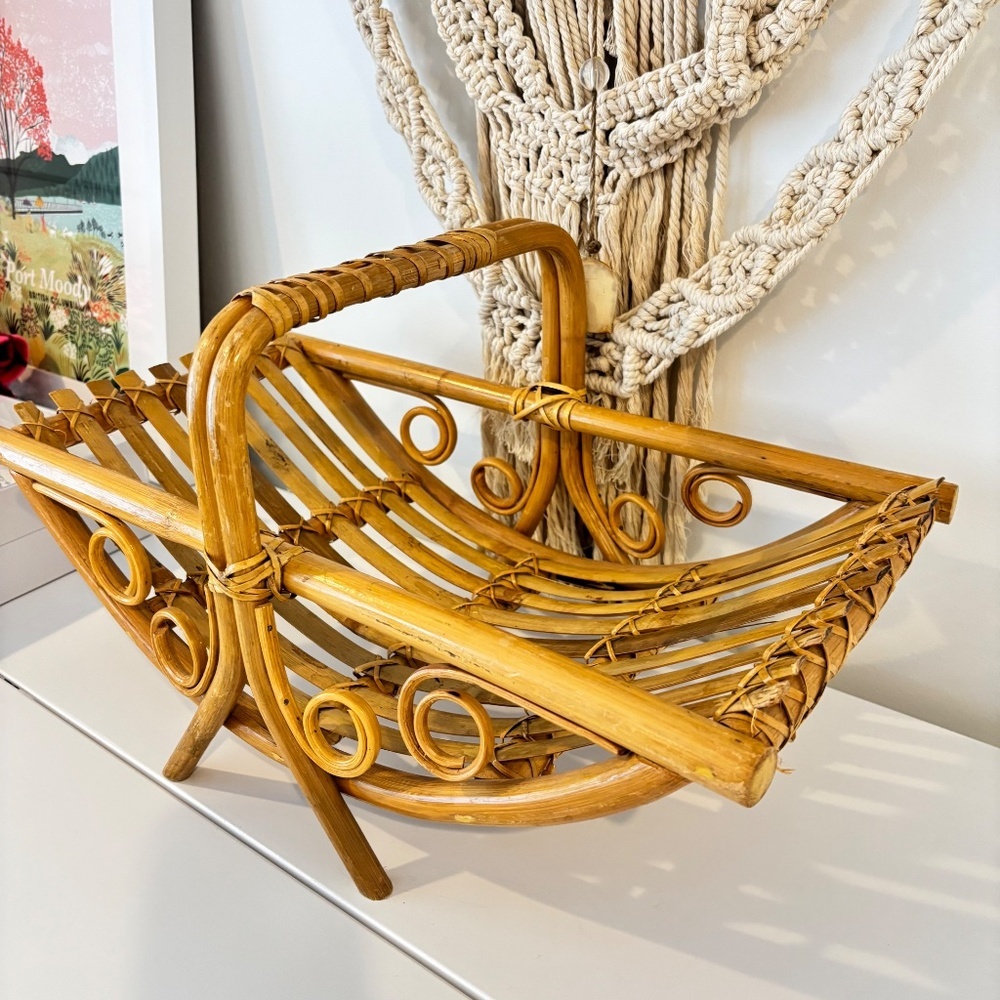 BOHO rattan bamboo mid century magazine rack towel holder MCM decor stand - Picture 3 of 15